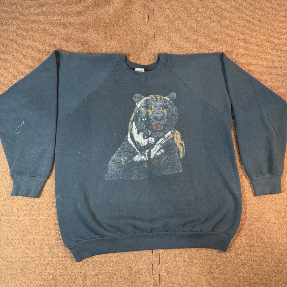 Vintage Fruit of the Loom Tiger Graphic Sweatshirt XL Navy Blue Raglan USA 90s